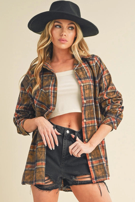 Camel Plaid Washed Button Down